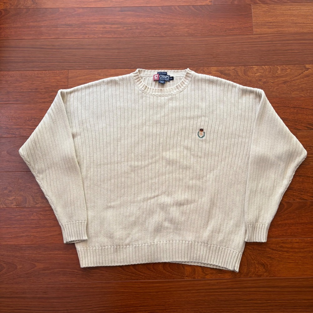 Chaps Ralph Lauren Mens 2XB Cream Ribbed Knit Sweater Crest Logo Vintage 90s RL